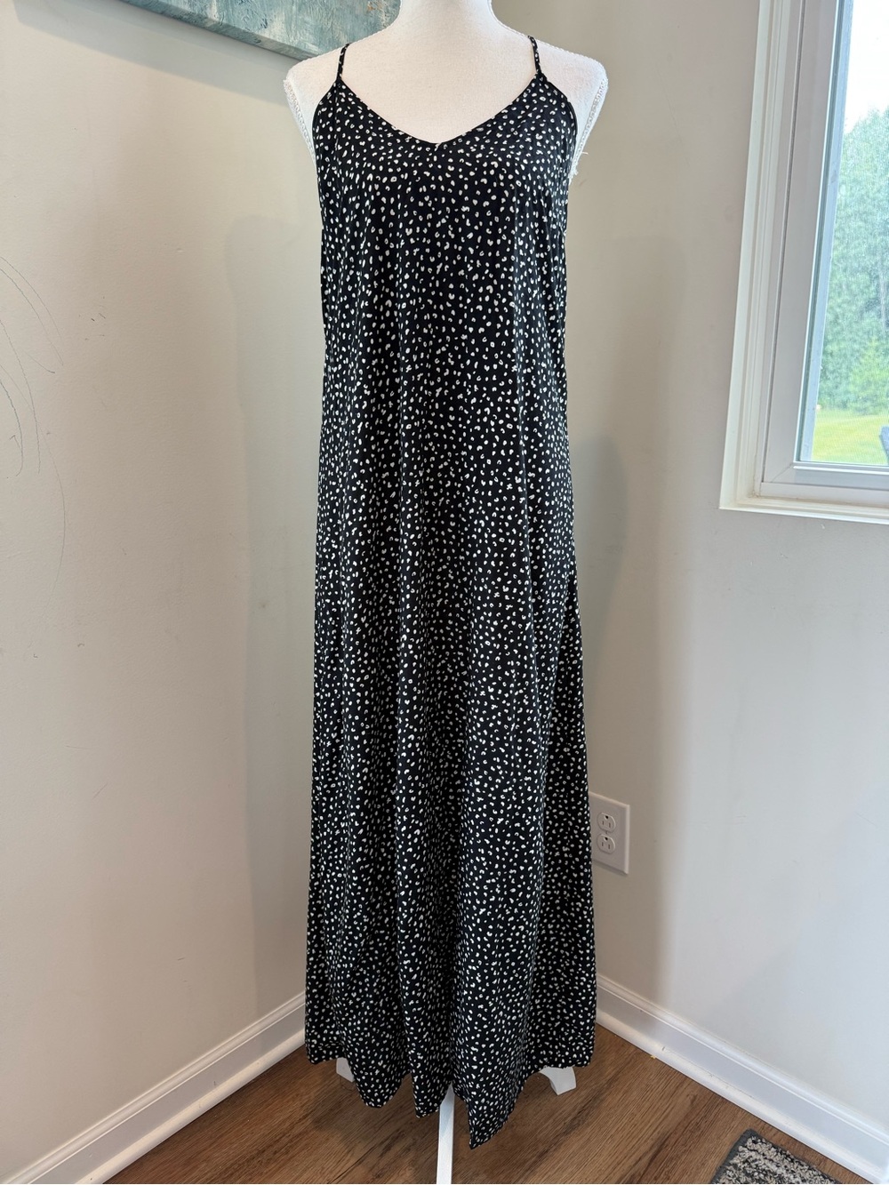 Old Navy Black Maxi Slip Dress with White Dot Print Size Medium